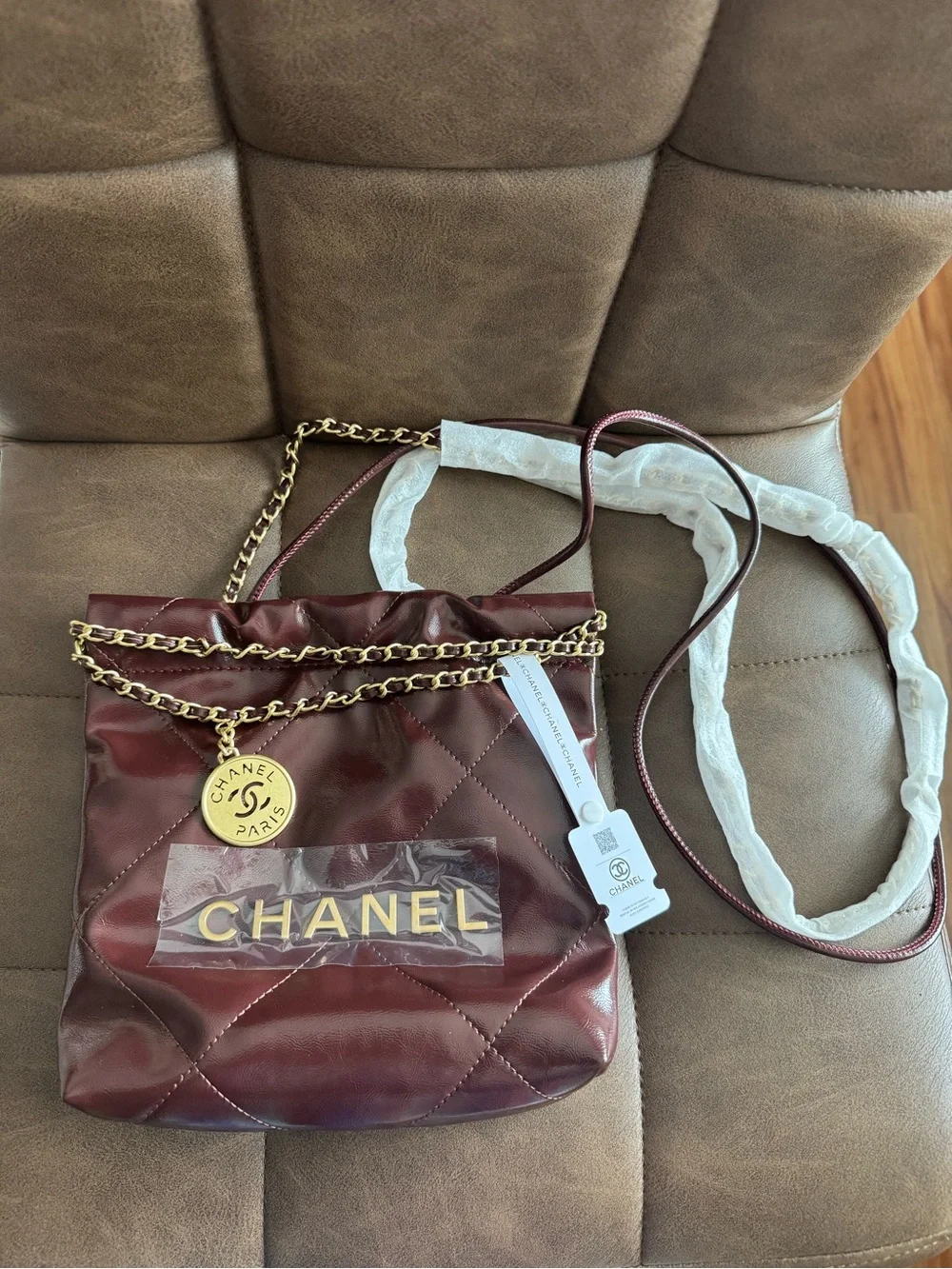 Quilted Shoulder Bag in Burgundy with Gold Hardware